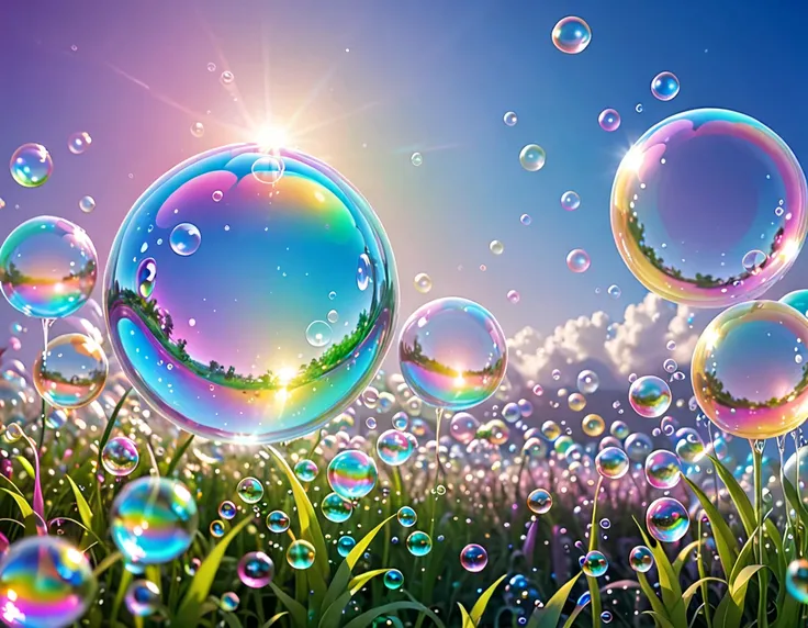 Magical bubbles, Transparent foam, World in Pictures ,  rainbow-colored light from heaven ,  Scenery drawn in bubbles,  fantastic atmosphere , Soft Light,  Fantastic Effects , Utopian