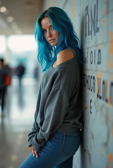 (( full body photo )), extremely hot young woman with blue hair, Standing in front of a wall in public wearing a jean and a modern sweater.  She stands with her back to the viewer yet she looks seductively at the camera and it looks as if you were just say...