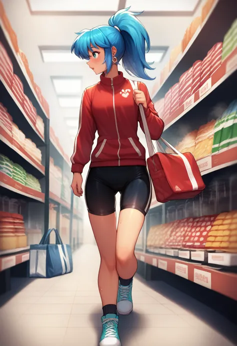 break 1girls, walking, bag, looking fun, way to school, puppy, shop , break 1girl,leonakofdg,blue hair,sweat,(sound effects:1.3)...