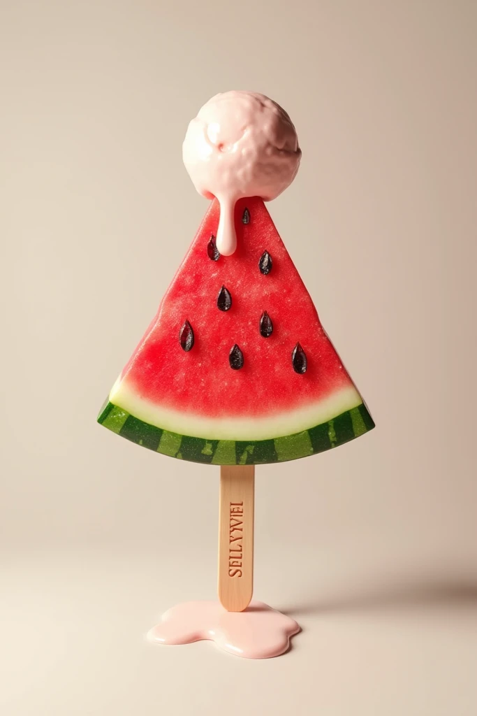 triangle watermelon ice cream stick that have melly ice cream engraved on the stick with plain background 