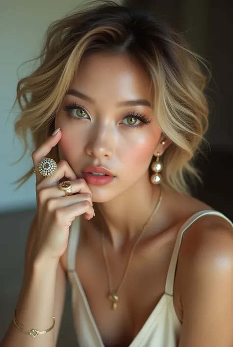 Photo  Make up Korean Perfect face blonde and brunette  hair full botox  lips green eyes jewelery rings earrings necklace  asian lady lips green eyes fashionable mix of korean features Asian woman Asian From side Escort  a self-assured woman with a flawles...