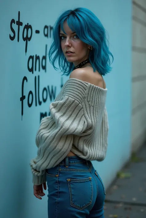 (( full body photo )), extremely hot young woman with blue hair, Standing in front of a wall in public wearing a jean and a modern sweater.  She stands with her back to the viewer yet she looks seductively at the camera and it looks as if you were just say...