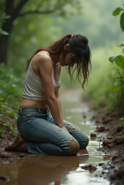 Pretty woman kneeling and apologizing in muddy, muddy, light jeans