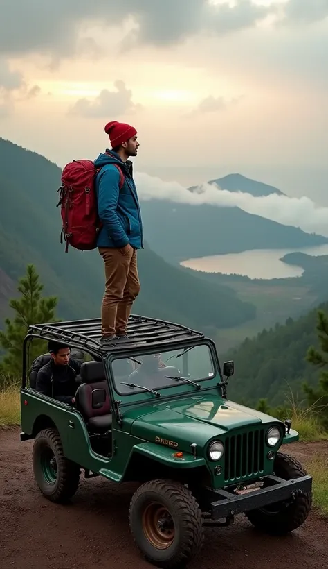 A young, handsome Javanese man, wearing a red wool beanie hat and blue outdoor jacket, stands on a roofless green jeep at sunset with his face facing the camera. He was carrying a large red hiking backpack, the young mans hand was holding the iron on top o...