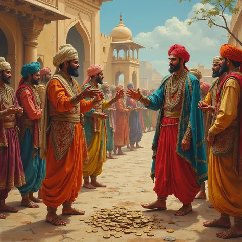 A detailed Rajasthani painting of ancient coins being exchanged in a marketplace, with traders dressed in Rajasthani attire, showing the transition from barter to currency in a traditional setting.