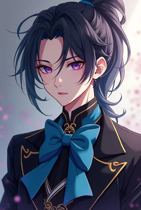  Anime - Stylish image of a 25-year-old teenager wearing a blue bow and a black jacket, Character Portrait Inspired by Sekao Students , Pixiv, new painting, Black Golden Yao , Zhao Yun, Liulian Art Style , Xianxia, Xianxia hero,  Handsome man in Demon Blad...