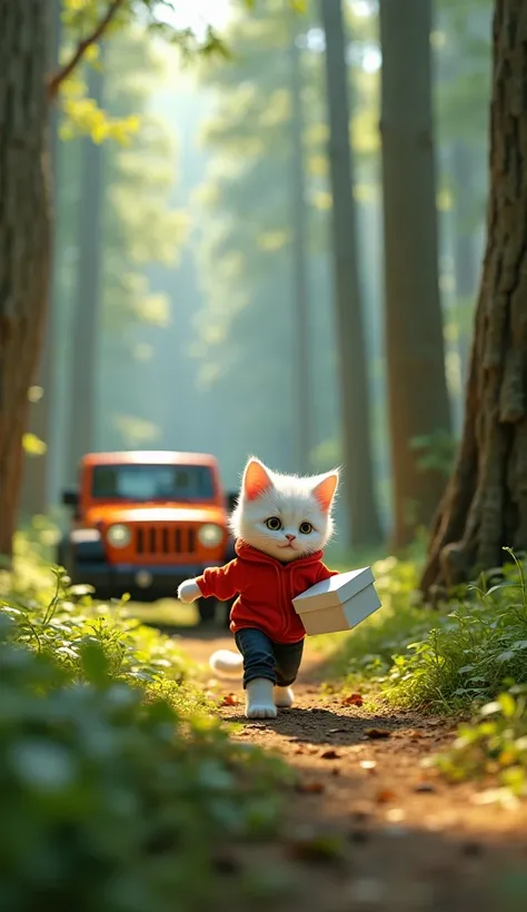 In cinematic 3D style, HD image, realistic image, colourful image.
Character, white baby cat wearing red hudie and black jeans.
Action,There is a beautiful forest, an orange coloured jeep is parked there, a white baby cat is running with a white coloured b...