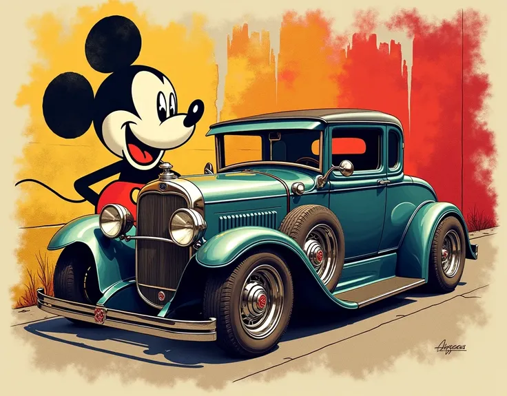 Painting of a 1920s car with a mural of mickey mouse on the background colored illustration for tattoo, highly detailed and colored, richly detailed colored, inked and colored, traditional tattoo, gangster style tattoos, high quality colored sketch,