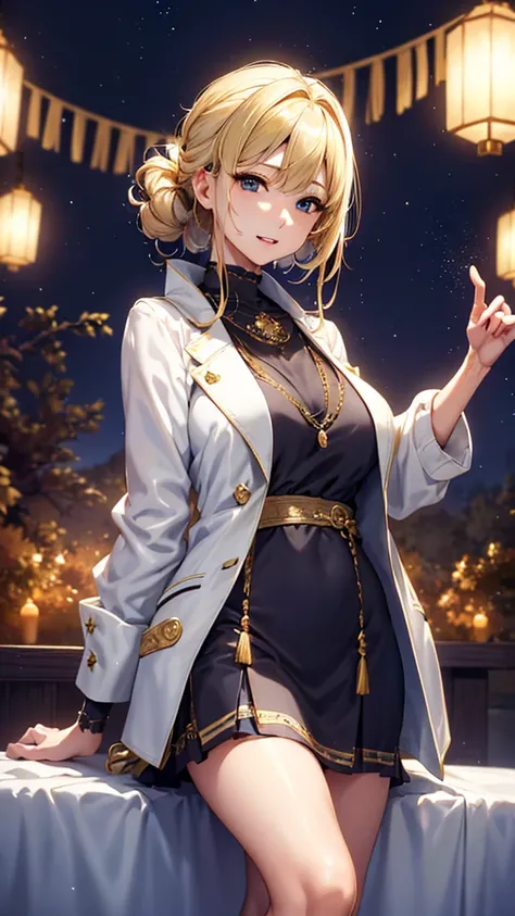 masterpiece,       High Quality      , 4K, Beautiful design,  blonde alone， 非常に詳細な夜の      starry sky      , Illuminations，    wonderful,      delicate details,  Very knowledgeable woman      , Highly detailed solo, 1 female,Big Breasts，Stole，    white jack...