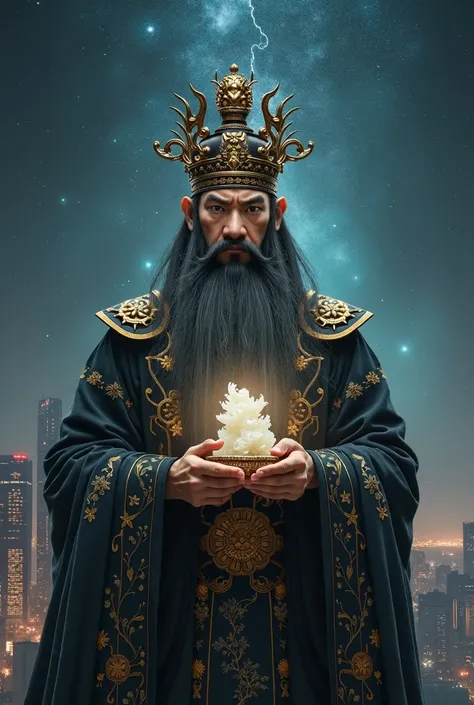  holding a white jade with one hand surrounded by Kowloon with one hand， wearing a black and gold imperial crown ，Pingtian crown with 12 bristles 。 holding a long sword with no sheath at the waist in his right hand 。 thunder flickering under their feet ，Be...