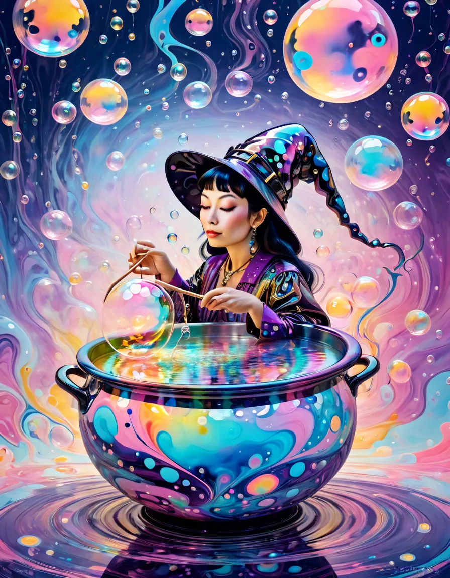 Marbling Art, Marbling Technique. Colorful magical fantasy dreamy bubble or soap bubble with iridescent, Magical glow enhances swirling colorful soap bubbles, Magical Reflections on Soap Bubbles with iridescent. Yayoi Kusama dressed as a witchs, Cauldron o...