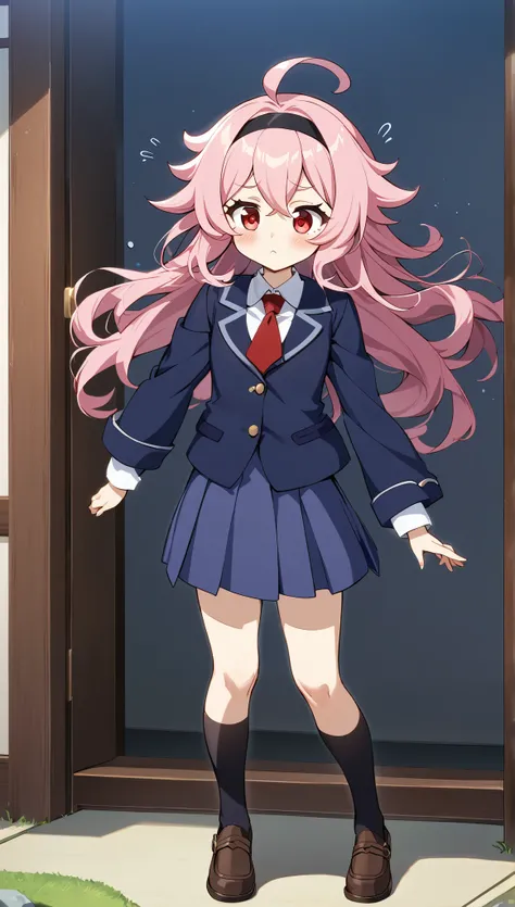 standing, cute, round eyes, sleepy face, pretty, , red necktie, brown shoes, small girl, indigo school uniform jacket, white school uniform shirt, floating hair, indigo school uniform skirt, very messy hair, ahoge, pink hair, spiked hair, long hair, red ey...