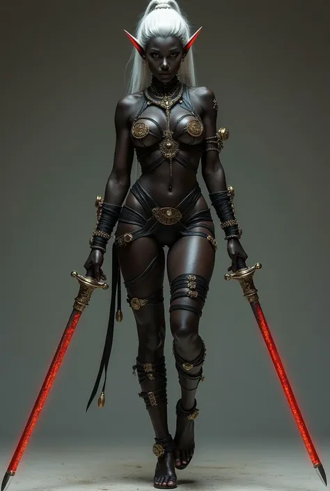 Full body and legs .  Dark elf with ebonite skin,  sexier body , curvy shapes in an even more revealing harness consisting of stripes all over the body , a bra, like a harness, consists of ,  straps crossing the chest in several places .  With a hairstyle ...