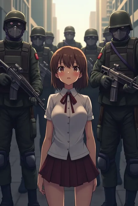  girl surrounded by soldiers with masks pointing guns at her anime
 nsfw
