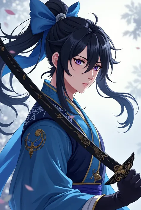 Anime - Stylish image of 25 year old teen dressed in blue bow and black vintage sword, Character Portrait Inspired by Sekao Students , Pixiv, new painting, Black Golden Yao , Zhao Yun, Liulian Art Style , Xianxia, Xianxia hero,  Handsome man in Demon Blade...