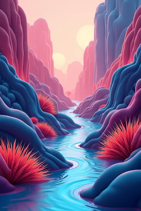 "Create a unique digital artwork showcasing a beautiful, modern art scene. The design should feature abstract shapes and fluid lines in vibrant, contrasting colors, blending together in a harmonious yet bold composition. Incorporate elements of nature, suc...