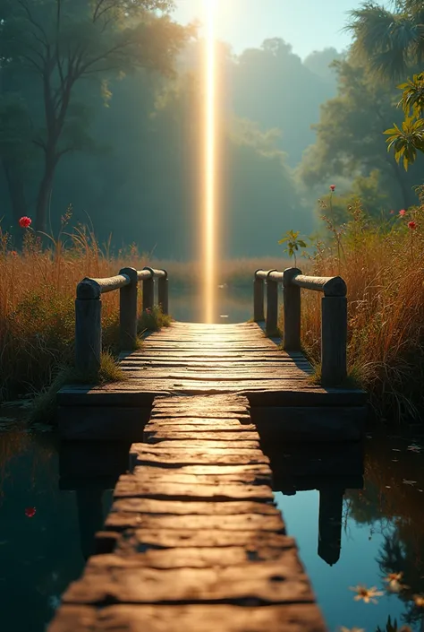 Macro photo shot using Canon EOS DSLR of an old wooden bridge on the edge of a clear water lake. straight line of sunlight on the bridge, Sunny day, tall dry grass, tropical plants and flowers, windy, atmospheric, mystical, beautiful phone wallpaper, wet b...