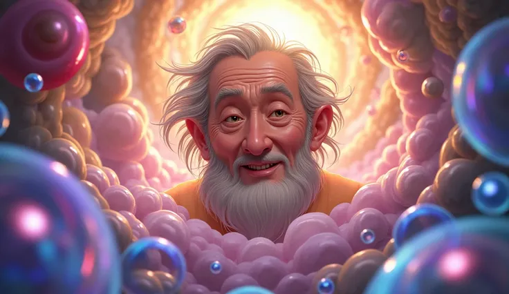 a whimsical old man emerging from bursting magical bubbles, fantasy, anime, colorful bubbles, fractal art, (best quality,4k,8k,highres,masterpiece:1.2),ultra-detailed,(realistic,photorealistic,photo-realistic:1.37),intricate details,dynamic composition,vib...