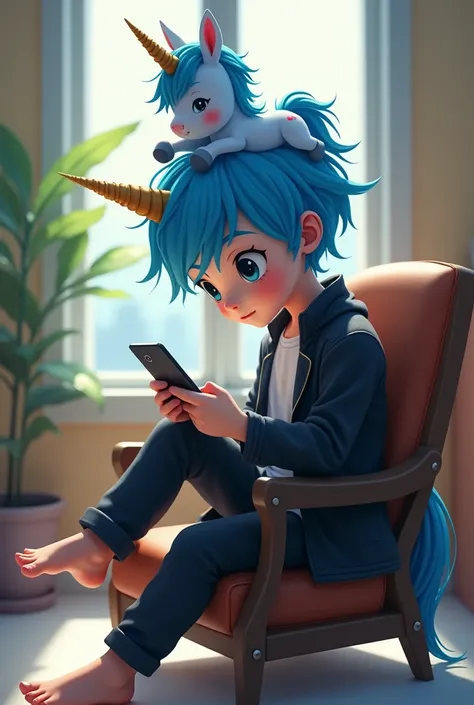  A cute boy sitting on a chair ，[low angle， holding a cell phone， black eyes，barefoot，blue hair，Theres a blue unicorn on the head ， black eyes，white shirt，black jacket，black pants，perfect feet，，Solas， Raise one foot ， Standing on one foot and the other sme...