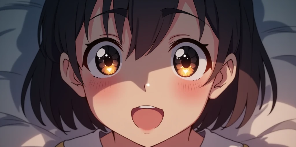 girl looking at boy face to face, the boy is surprised and the girl has short hair and is smiling with her eyes open, her pupils are star-shaped, in the s room, the perspective is medium shot haslo estilo de anime
