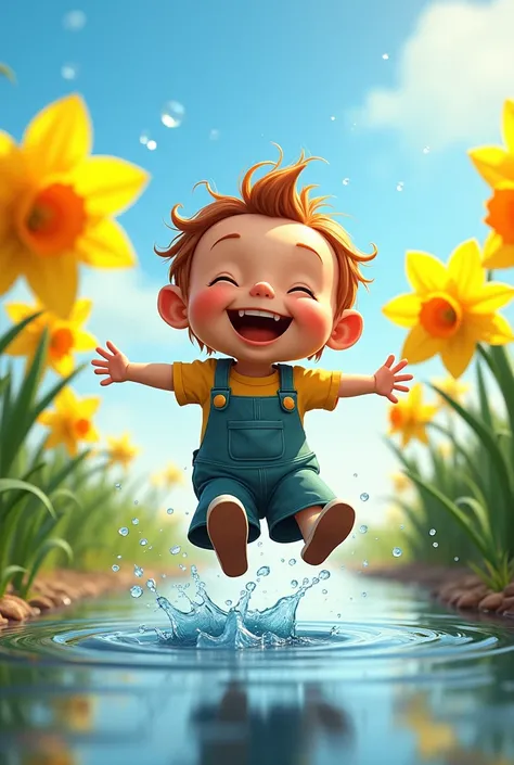 A joyful illustration of Pip jumping into a large puddle, water splashing everywhere. His face is filled with glee as droplets catch the sunlight. Surrounding him are enormous daffodils and the reflection of the blue sky in the puddle.