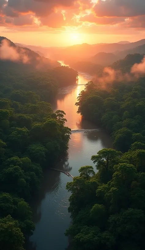 A serene aerial view of the Amazon River winding through lush tropical rainforests under a colorful sunset.