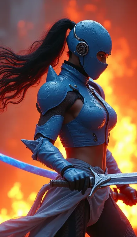 In a cinematic Cowboy Shot framing, uma Ninja Sub-zero, with ice, From the game Mortal Combat , com máscara ninja do sub-zero, Covering her mouth and nose ,  a majestic muscular warrior ,  majestosa wears an ice-blue core-style armored ninja robot, strong ...