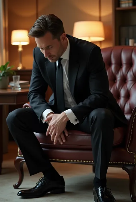 In the conference room，Young and handsome president，，sexy sexy，Mens crotch testicles hurt a lot，Man bends down ，Cover the crotch of the testicles with both hands，Grab your own testicles with both hands。Black suit，Black socks，Black leather shoes。