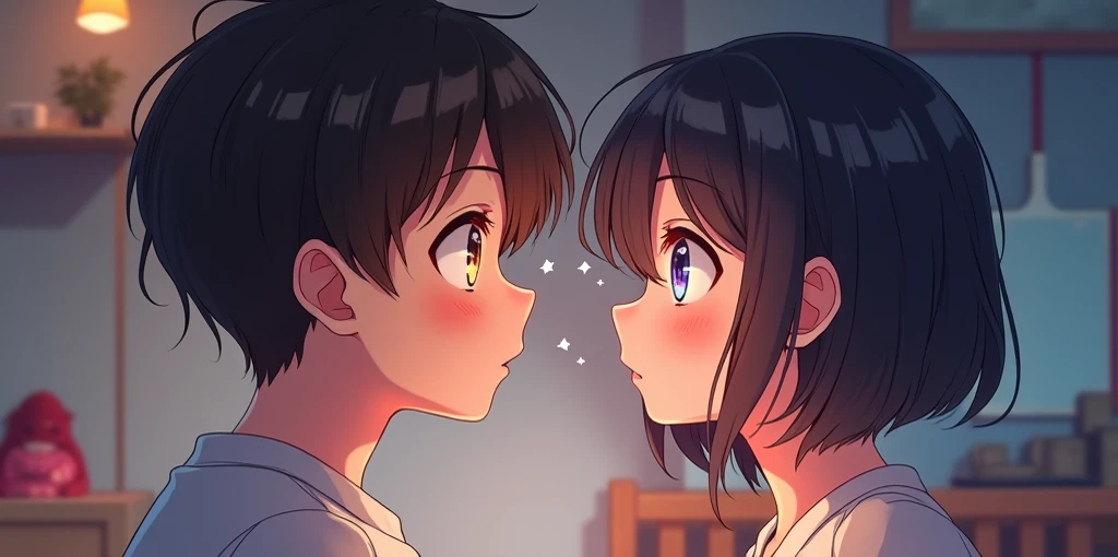 girl looking at boy face to face, the boy is surprised and the girl has short hair and is smiling with her eyes open, her pupils are star-shaped, in the s room, the perspective is frontal from the waist up estilo anime
