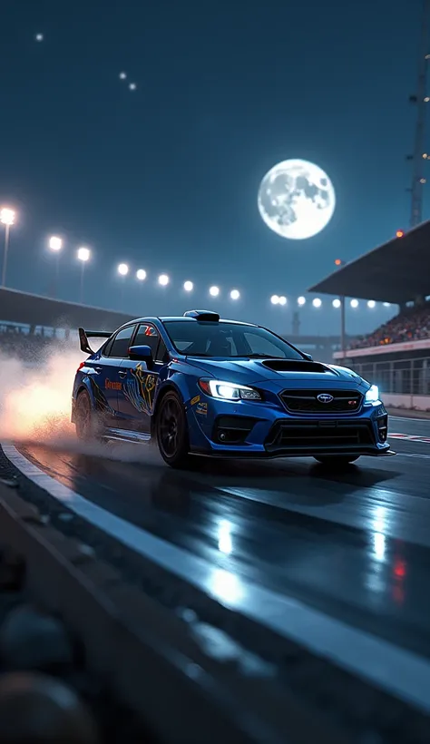 Subaru WRX, hyperrealistic,  running on a circuit at midnight,  with a lot of detail  