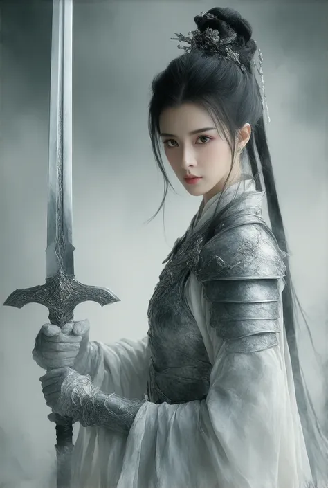 black-haired chinese girl standing holding her favorite sword, wearing armor, pastel colors, and dramatic tones. A masterpiece with the highest resolution , Image type realistic