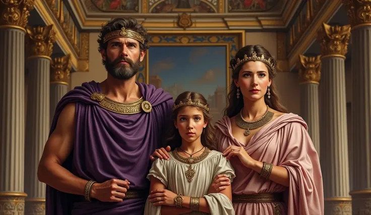 Generate image of a ancient Roman roman king and his queen with their 20 years old son. in the 5th century 