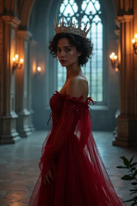 "Ultra-realistic image of an 80s dark fantasy princess very beautiful, wearing a flowing red dress, a crown of diamonds, with deep brown eyes and short curly hair. She stands in a grand castle hallway, dimly lit by flickering torches, emphasizing intricate...