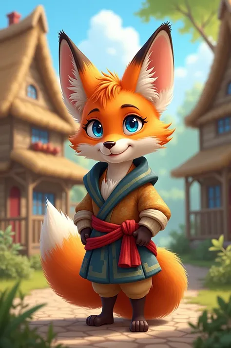 best quality, super detailed illustration, cartoon illustration, a furry male fox, blue eyes, village clothing, detailed face an...