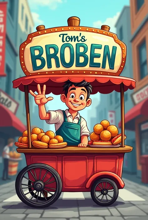 Logo of Streetfood cart business with vendor and fishballs and hotdogs. with text "Toms Proben"