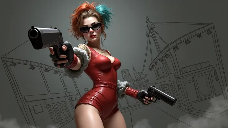 (low angle view). realistic portrait, aged 22, young female naughty clown, messy brown hair, robotic sexy large-breast:1.2 slim body, half body shot, ((red deep-v shirt and mini skirt, black micro sunglasses)), aiming viewer with a short gun, simple outlin...