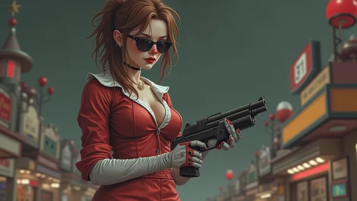 (low angle view). realistic portrait, aged 22, young female naughty clown, messy brown hair, robotic sexy large-breast:1.2 slim body, half body shot, ((red deep-v shirt and mini skirt, black micro sunglasses)), aiming viewer with a short gun, simple outlin...