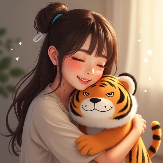 Brown Hair, bun hair, adult woman,Embrace a stuffed tiger, happiness/joy, Grin,  1 woman,  hair hanging over shoulders ,  deco bangs,   gentle colors,  background blur ,  glitter effect , 