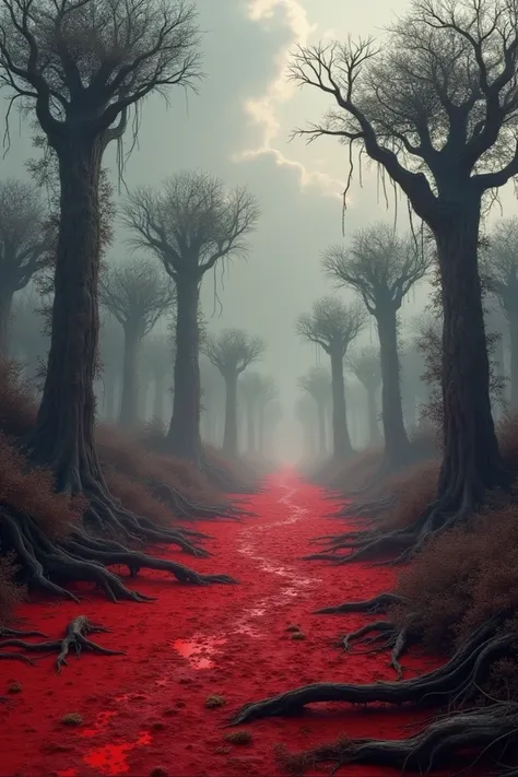 A world called Caots ,  the earth here is red because of the amount of blood that has been shed by countless battles,  the vegetation looks gray ,  and the trees are as big as mangroves and with gray leaves ,  the clouds are few but a dark gray shade .