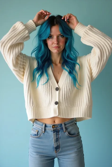 extremely hot woman with blue hair ,  Stands in front of the camera and she raises your hands (((large modern closed sweater )))  high to present her lightweight six-pack 