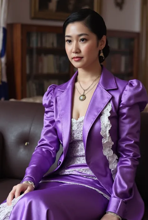 A Korean man in ladies vintage suit dress, he is crossdresser, breasts like a woman, slender female body, His hairstyle is short and manly, purple and white, long sleeves, Rich lace and frills, mermaid skirt, silk, sit quietly