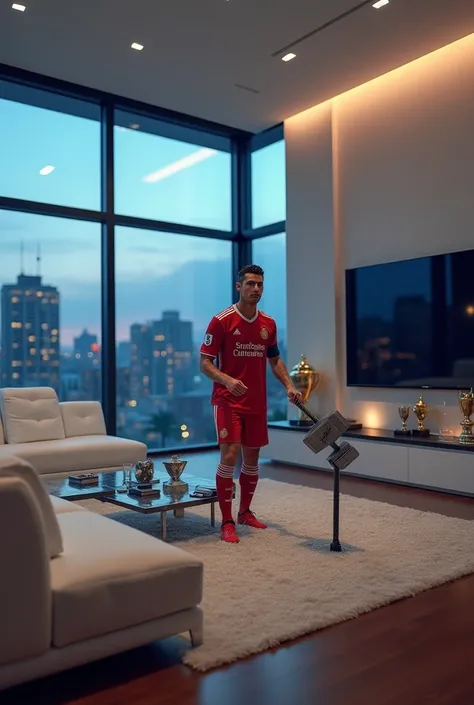 Ronaldo in his jersey trying to lift up Thors hammer from the ground in a  spacious, modern living room with sleek white furniture, floor-to-ceiling glass windows showing a twilight cityscape, and a giant TV mounted on the wall. Trophies and signed jerseys...