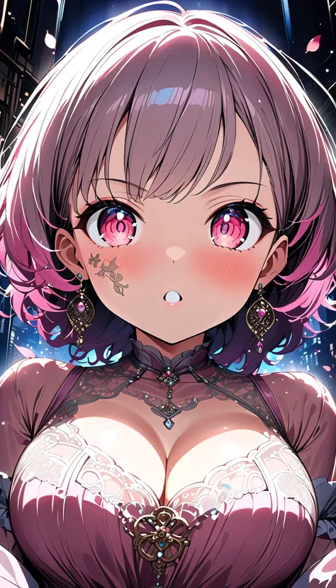 saliva、 excited 、 Please implement it below  .（    Crystal Clear    :1.3）（Big Breasts:1.6）、（   expresses a sense of speed and speed seen from below    :1.6）  dynamic pose、   Movie Scene  、Illuminated、Steampunk.  beautiful face paint made of petals  、 Delic...