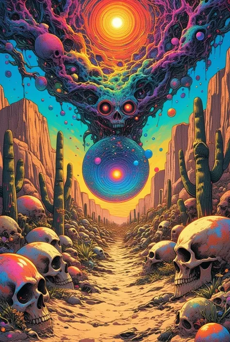 Drawings depicting desert skulls, rainbow-colored magic bubbles, and other items, dmt death of ego,  highly detailed visionary art , , DMT Art, DMT egodeth , dan mumford とalex greyスタイル,  psychetrance artwork ,  Super Detailed Fantastic Art , epic shamanic ...