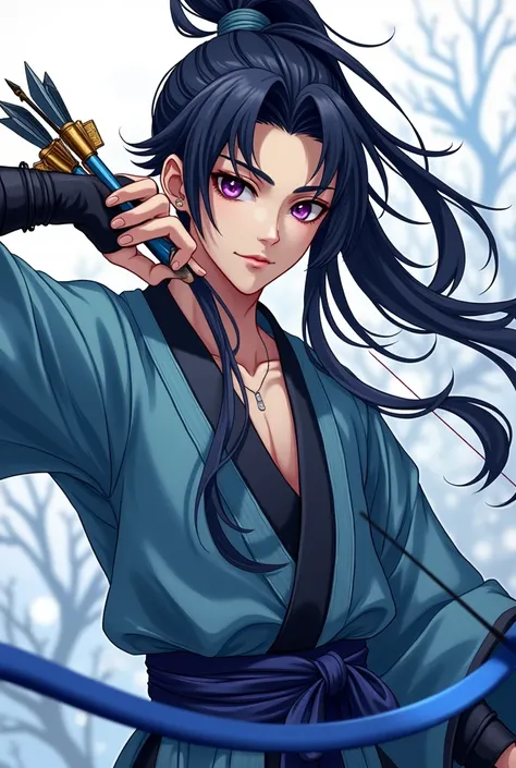 Anime - Stylish image of 25 year old teen wearing blue bow and black blue vintage catcher cuff arrow, Character Portrait Inspired by Sekao Students , Pixiv, new painting, Black Golden Yao , Zhao Yun, Liulian Art Style , Xianxia, Xianxia hero,  Handsome man...