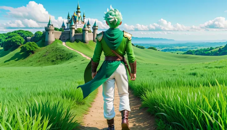 8K high resolution images  ,   realist, Green clothes、  green hair、  white pants、wear、  Dragon Quest  、大草原を歩く、 I can see the castle in the distance、 green hair、  young male hero walking on the prairie、 rear view