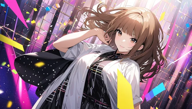 1lady solo, K-POP artist, (singing:1.2) (dynamic posing:1.2), (stylish outfit), mature female, /(brown hair/) bangs, light smile, (masterpiece best quality:1.2) delicate illustration ultra-detailed, large breasts BREAK (holding a microphone) BREAK (colorfu...