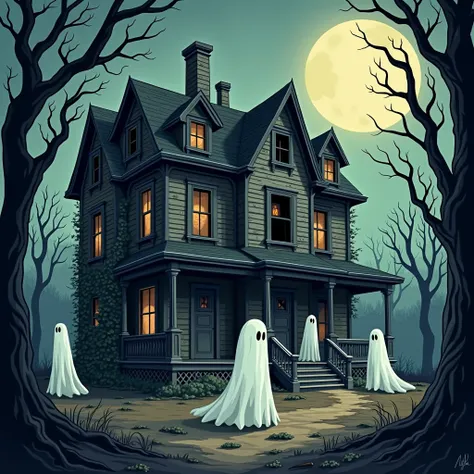 Create an old house haunted by ghosts,  in the old cartoon style, Very scary  , Gothic