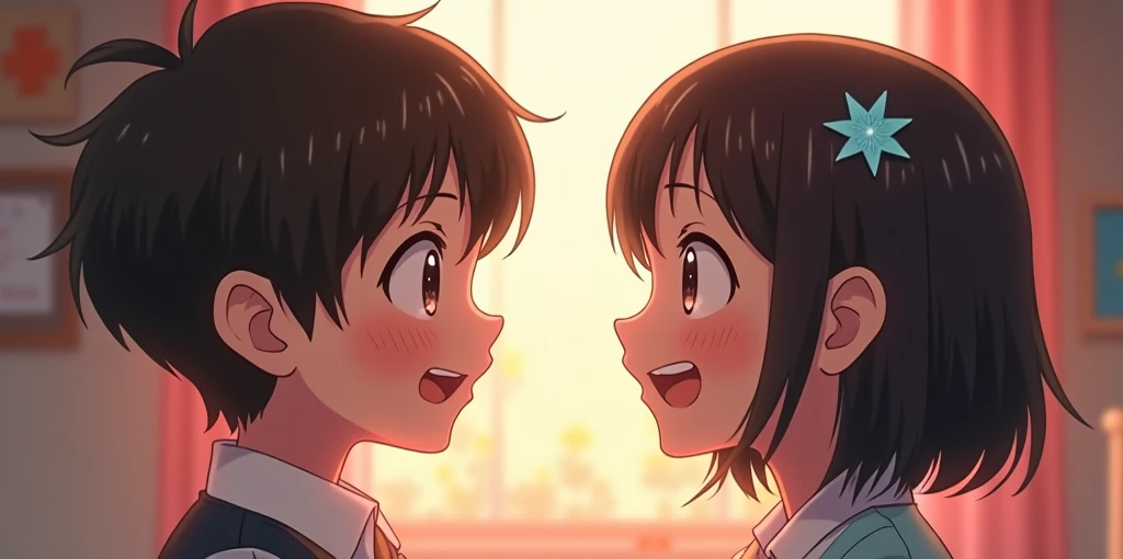 girl looking at boy face to face, the boy is surprised and the girl has short hair and is smiling with her eyes open, her pupils are star-shaped, in the s room,
 estilo anime 