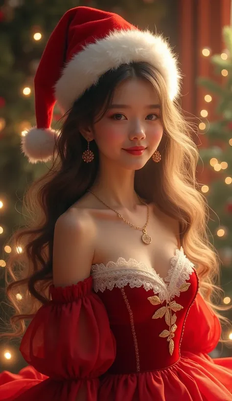 Beautiful girl with long hair wearing a red Santa Cross dress with a red hat, Christmas atmosphere